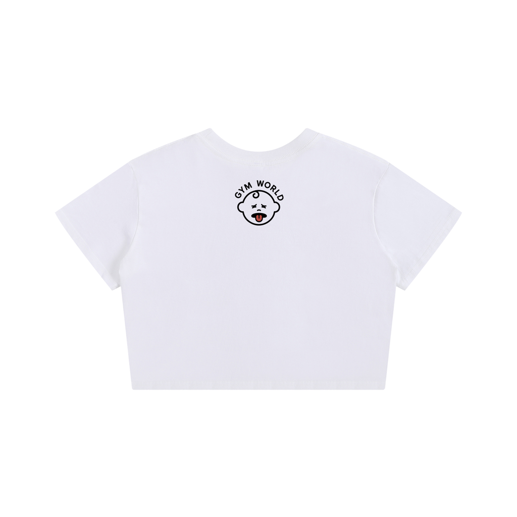 White GYM WORLD Bitter Baby cropped t-shirt with small chest logo